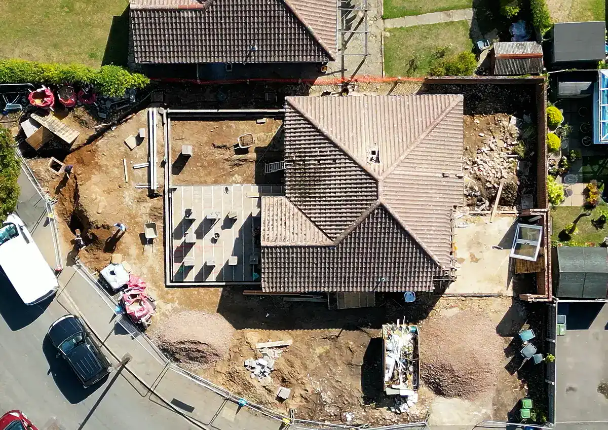 Top-down drone image of a Bournemouth home on Verwood Crescent showing extension footprint and surrounding site.