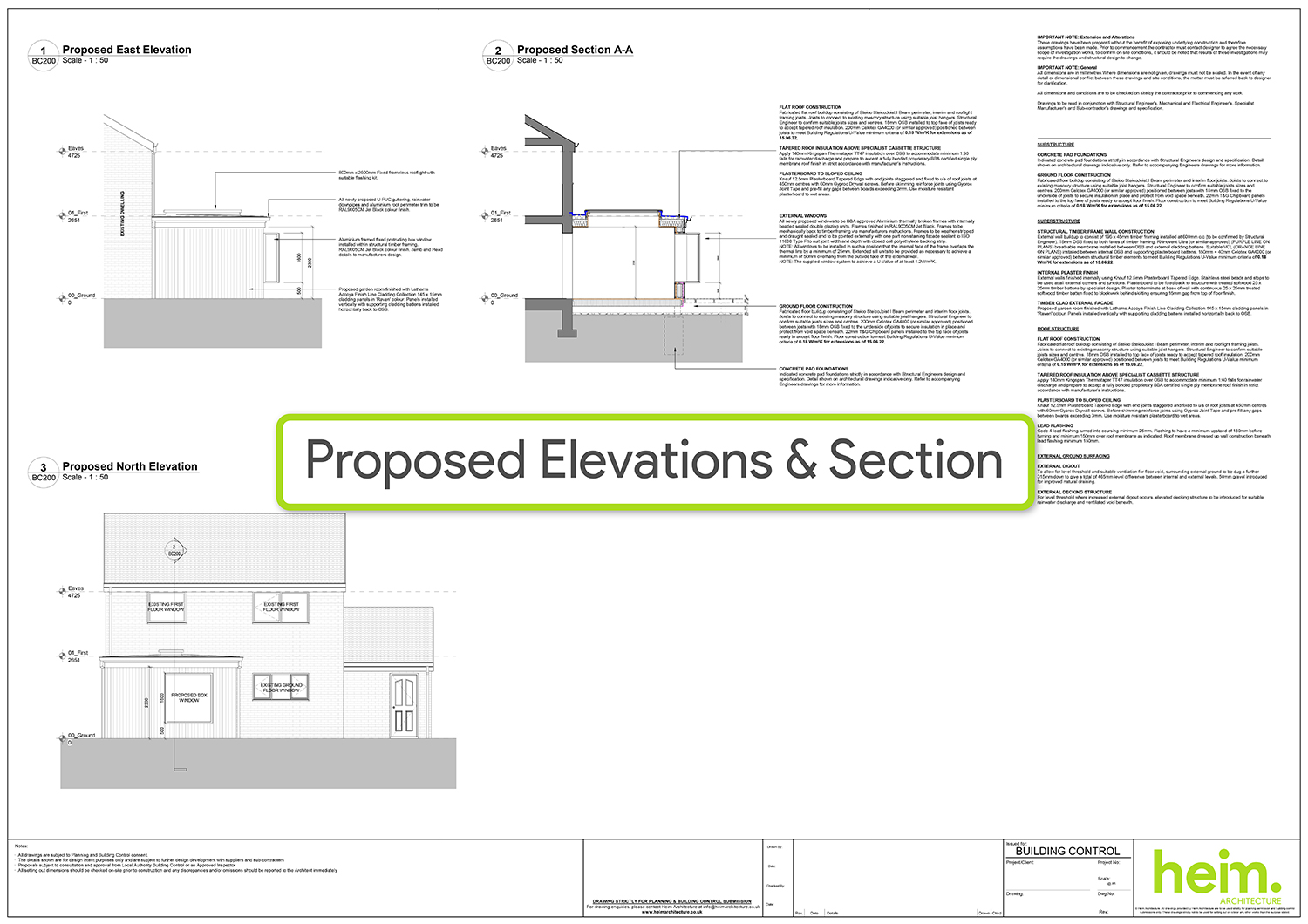 Proposed architectural elevation and section drawings for timber clad home extension at Elmdale Close, Southampton.