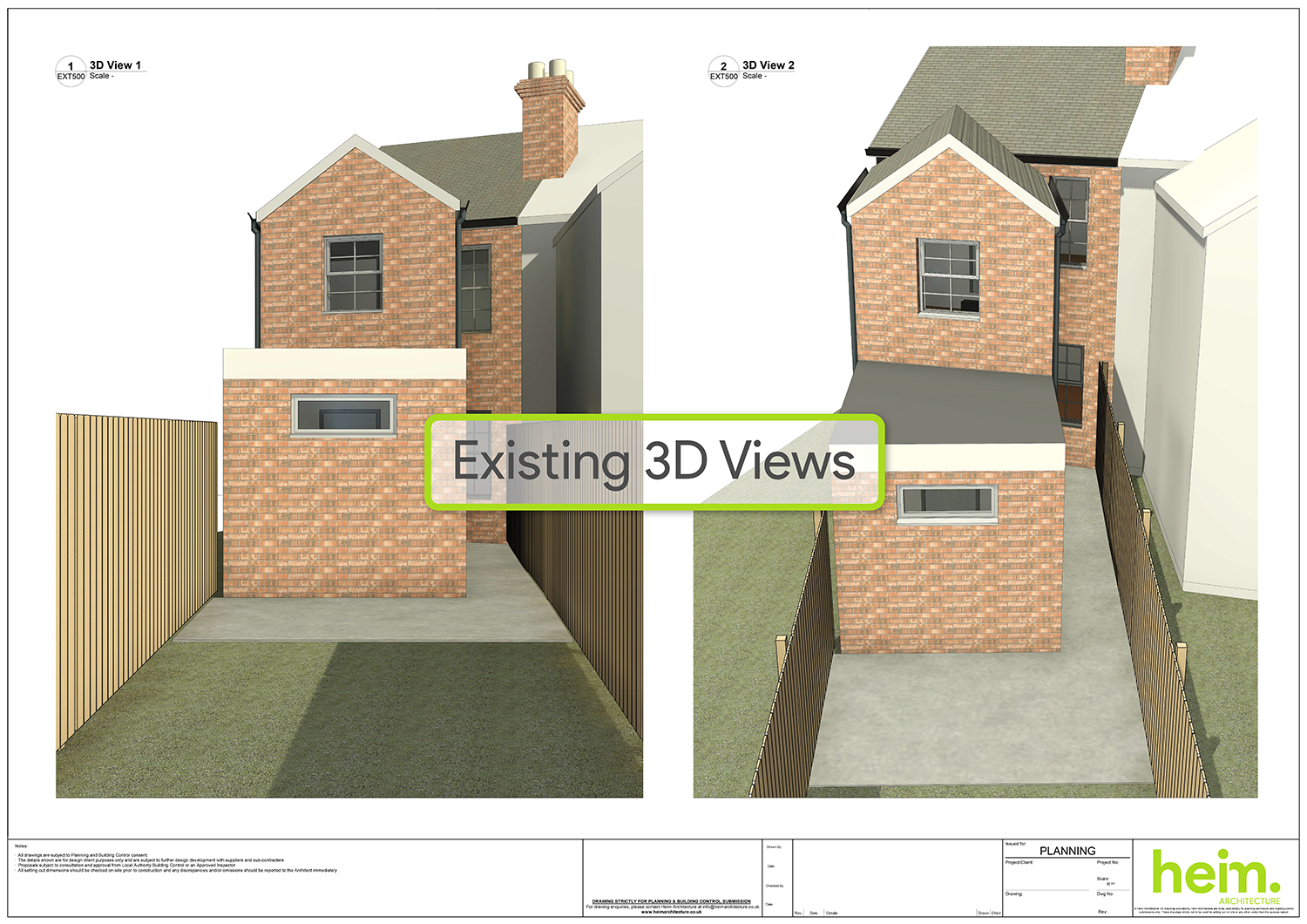 Existing 3D Views – Romsey Ground Floor Extension | Heim Architecture 3D exterior visuals of the existing brick terrace property prior to the ground floor extension in Romsey, Hampshire.