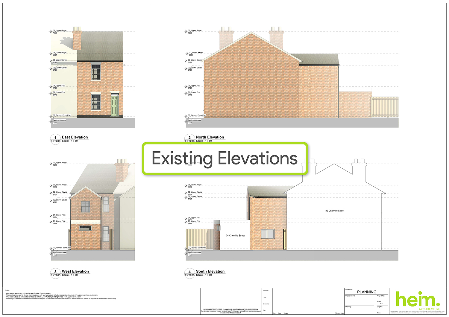Existing Elevations – Romsey Ground Floor Extension | Heim Architecture Existing architectural elevation drawings of a traditional brick terrace property in Romsey, Hampshire.