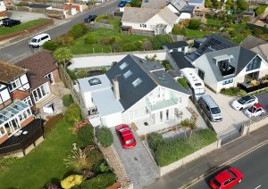 Aerial drone view showing the extended property and surrounding neighbourhood in Southbourne.
