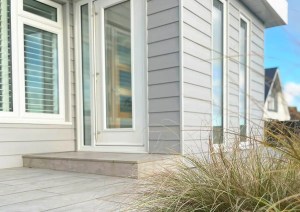 Close-up of new timber clad porch extension at the Southbourne Coast home.
