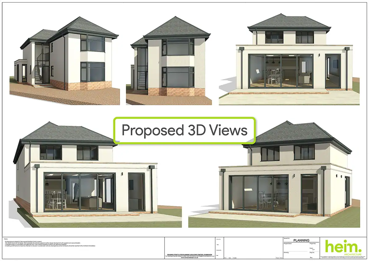 3D visualisations of proposed two storey house extension in Seaview Hampshire by Heim Architecture.