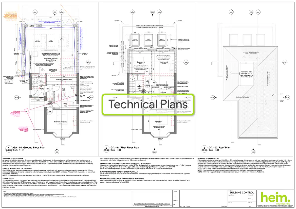 Technical architectural plans for two storey extension in Seaview Hampshire by Heim Architecture.