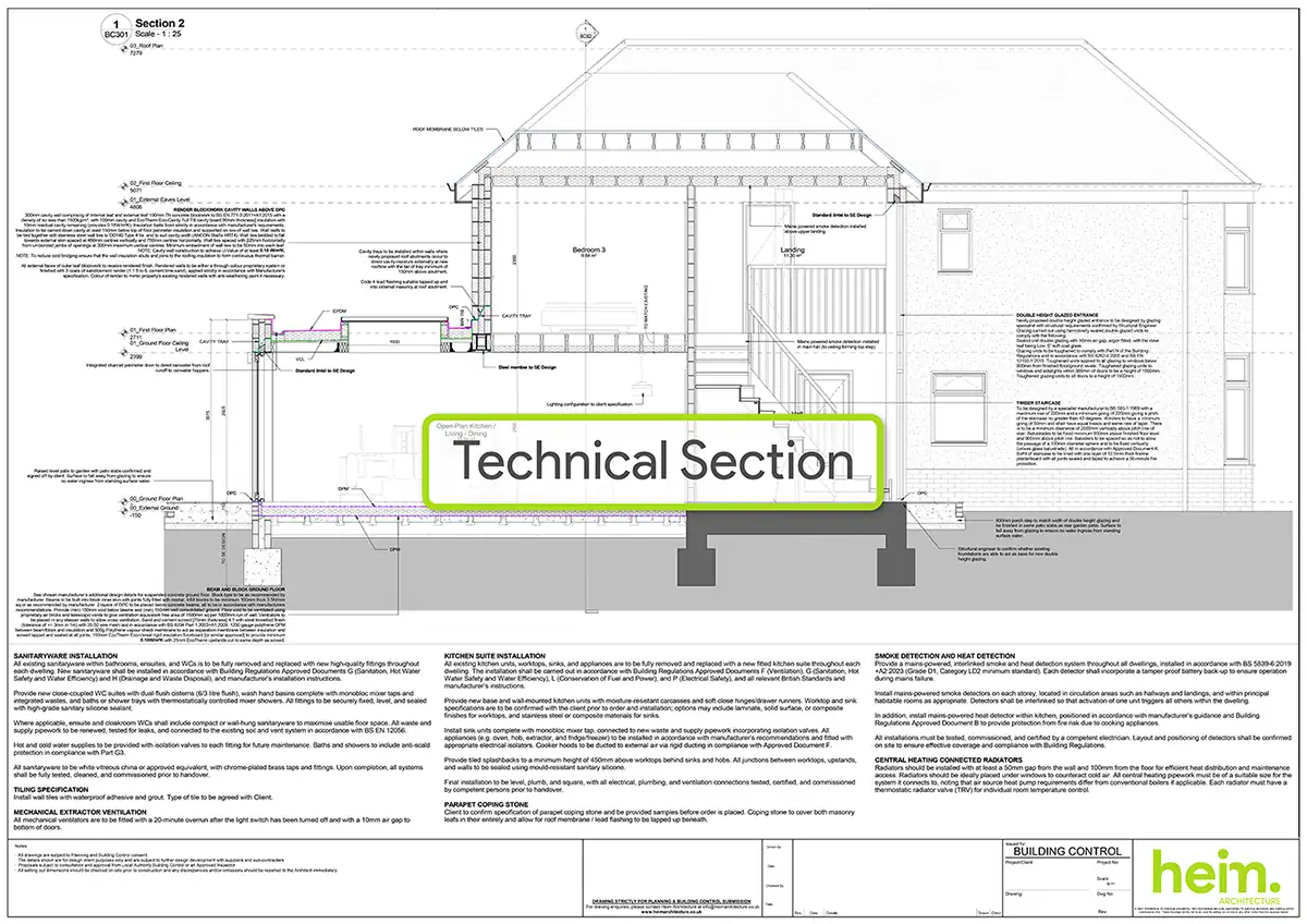Detailed building section for Seaview Hampshire two storey extension designed by Heim Architecture.