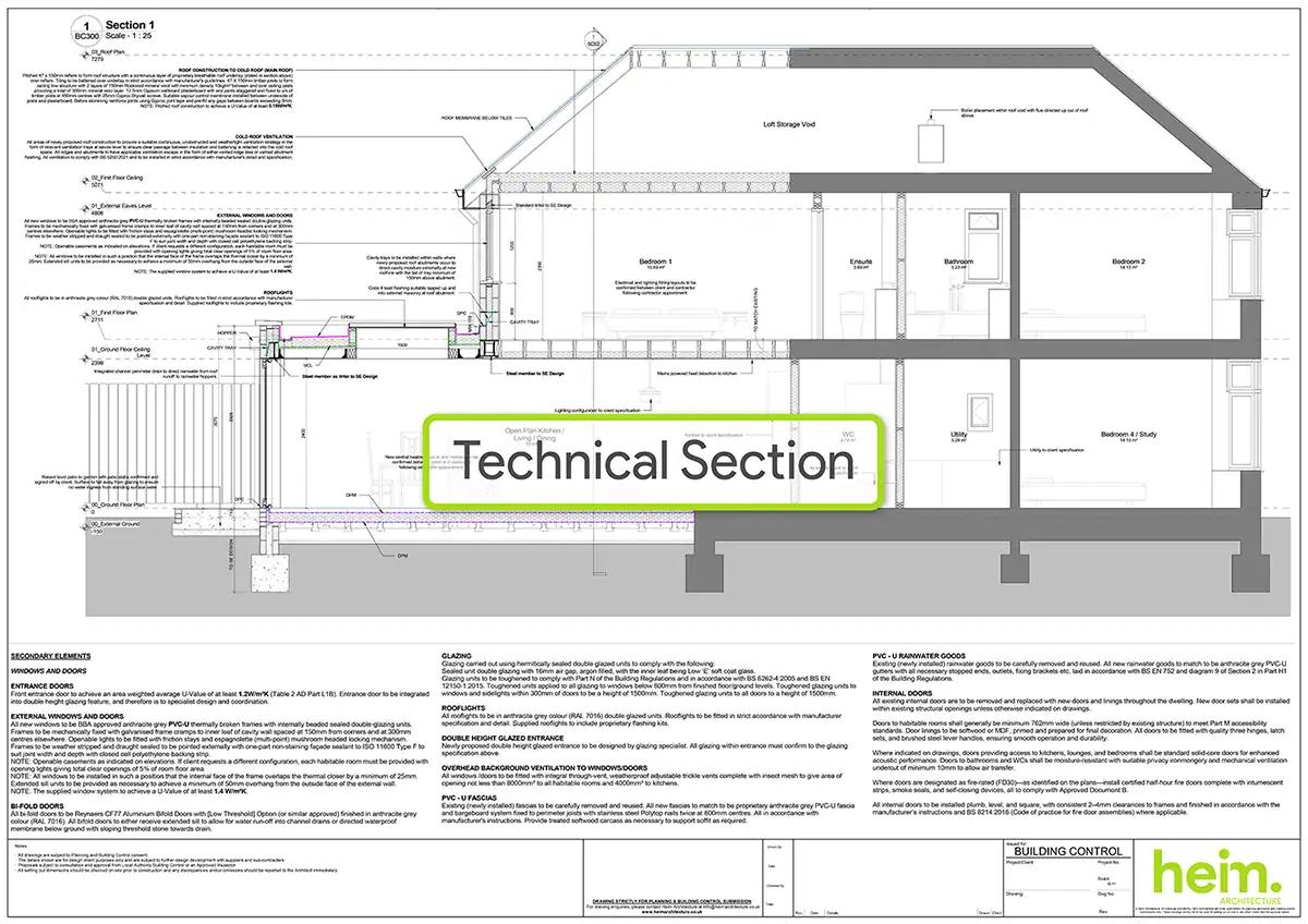 Architectural section drawing for two storey extension in Seaview Hampshire by Heim Architecture.